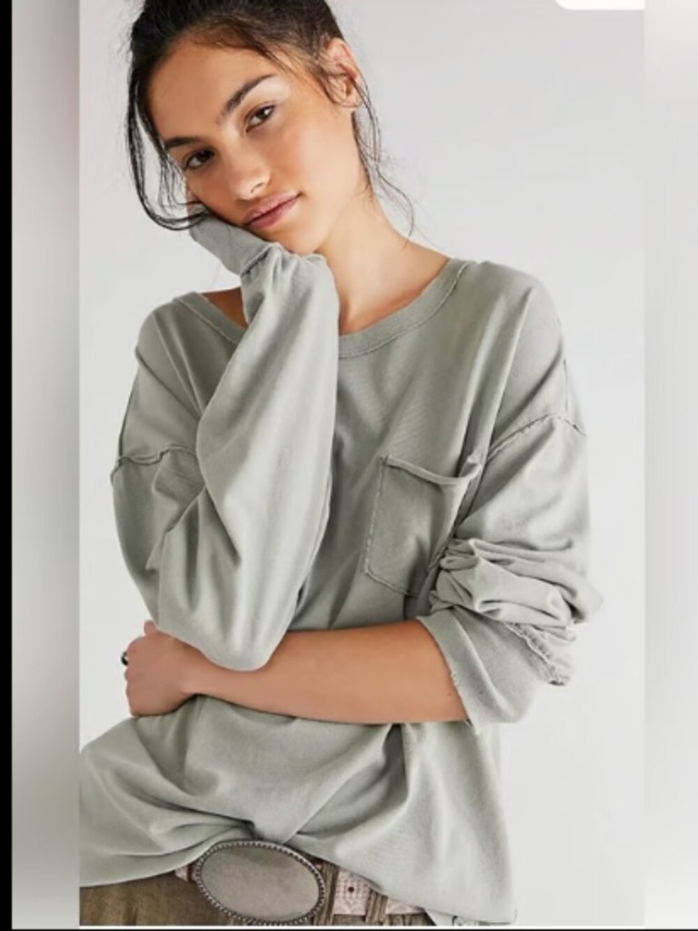 WE THE FREE PEOPLE FADE INTO YOU OVERSIZED POCKET TEE TOP SAGE GREEN TEA NEW XS/
